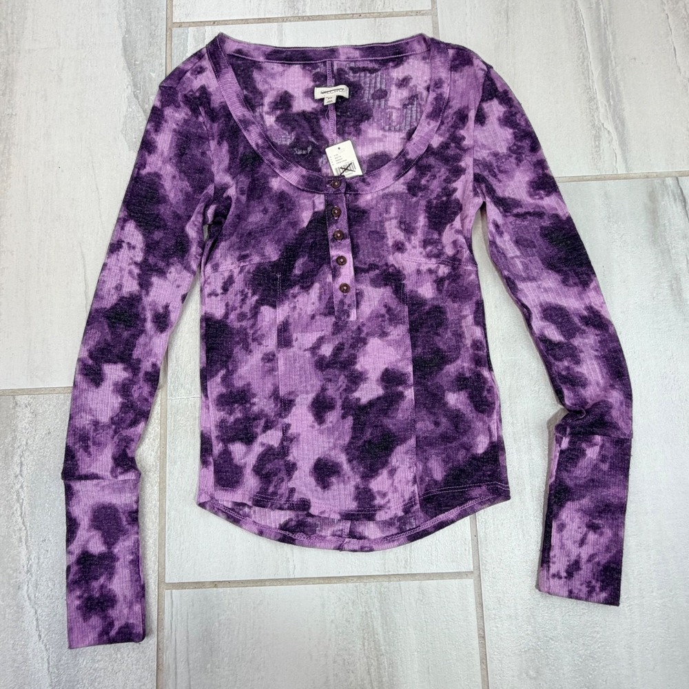 Pilcro Anthropologie Purple Tie Dye Ribbed Henley Top Thumbhole XXS NEW